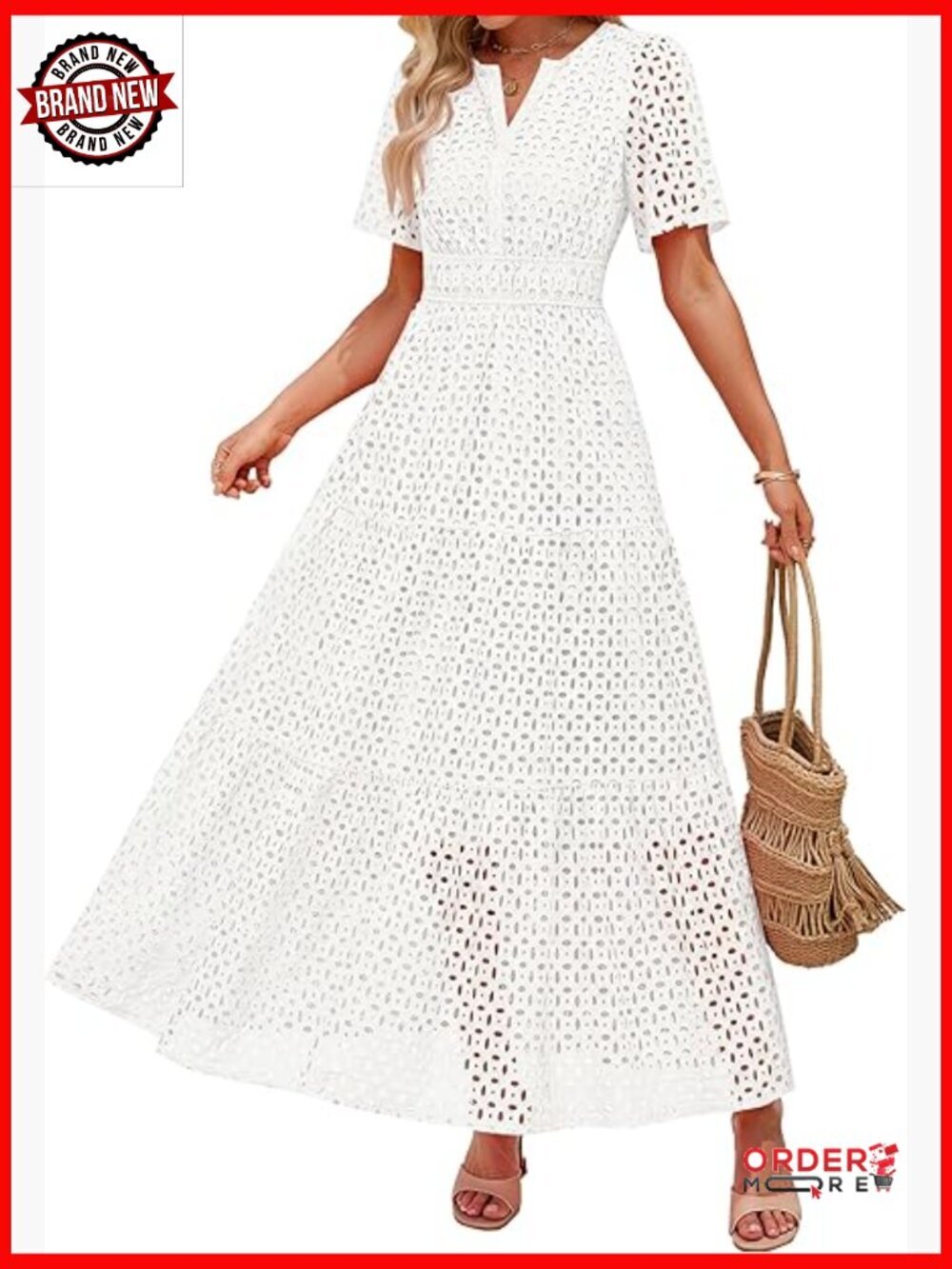 Short Sleeve V Neck Maxi Dress with Eyelet Embroidered Ruffle